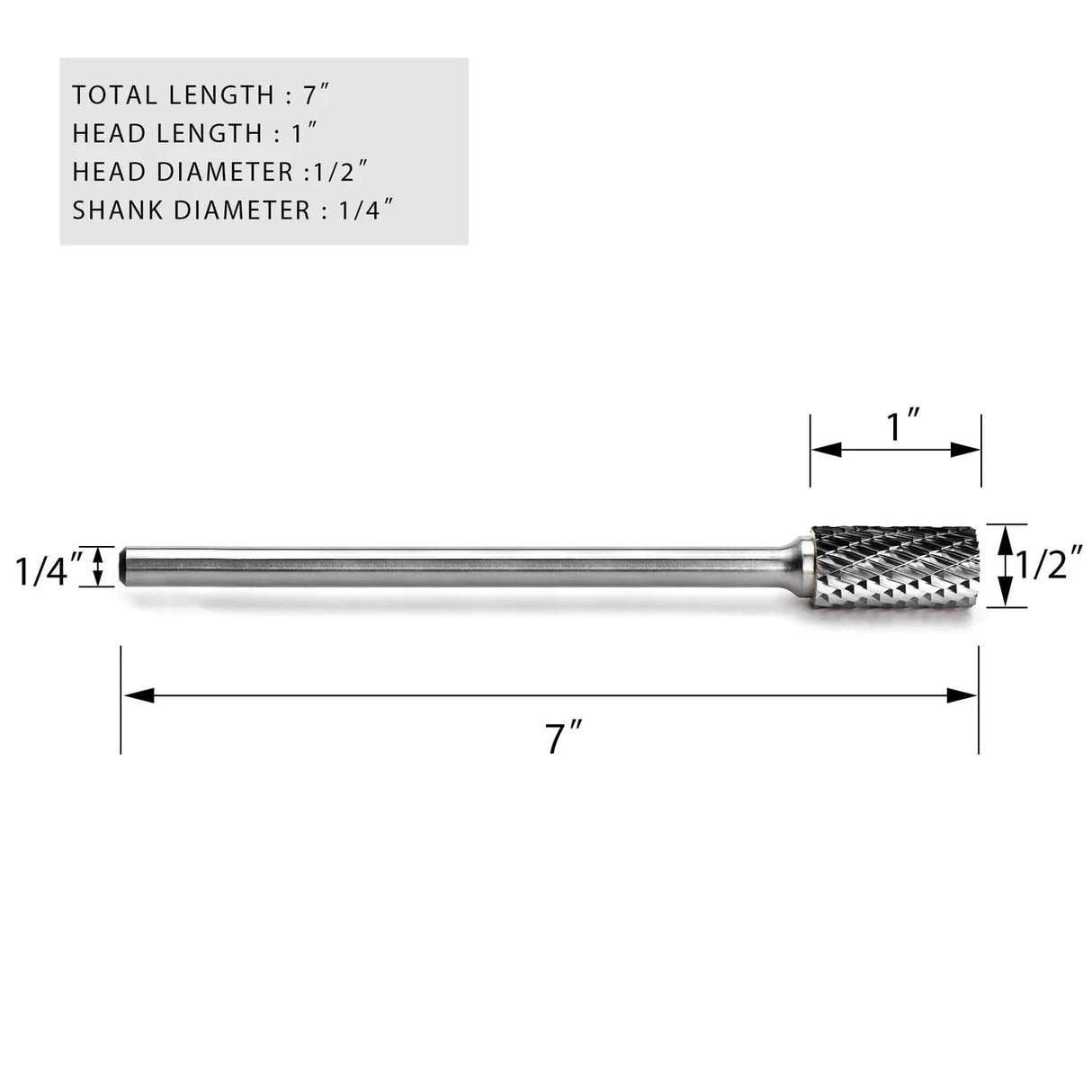 Carbide Burr SA-5L6 Cylinderical Plan End OMNI Range Head D 1/2 x 1L ,1/4 Shank, 7 Inch Full Length - FindBuyTool