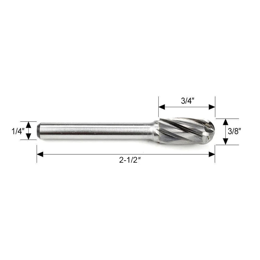 Carbide Burr SC-3NF Cylinderical Ball Nose ALUMIN Range Head D 3/8 x 3/4L, 1/4 Shank, 2-1/2 Inch Full Length - FindBuyTool