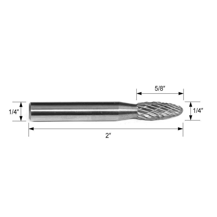Carbide Burr SH-1 Flame Shape OMNI Range Head D 1/4 x 5/8L, 1/4 Shank, 2 Inch Full Length - FindBuyTool