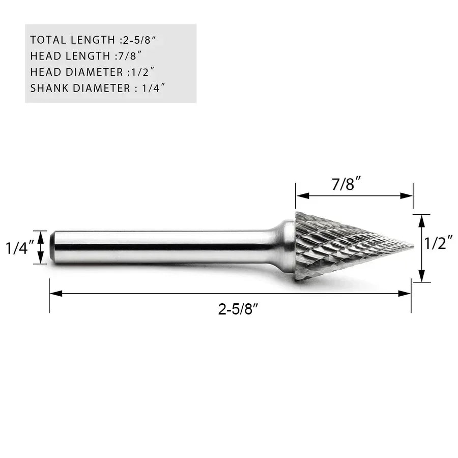Carbide Burr SM-5 Cone Pointed Shape OMNI Range Head D 1/2 x 7/8L ,1/4 Shank, 2-5/8 Inch Full Length - FindBuyTool