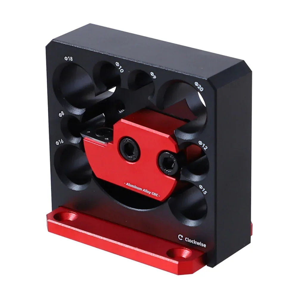 Red and black aluminum alloy CNC tool holder with multiple diameter slots for woodworking projects
