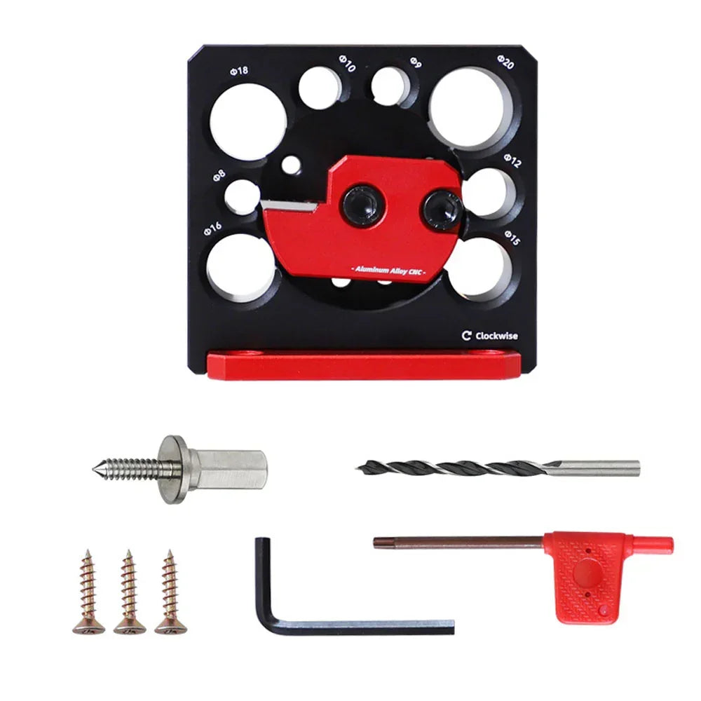 Precision woodworking tool kit with drill guide, screws, and hex wrench for accurate hole drilling