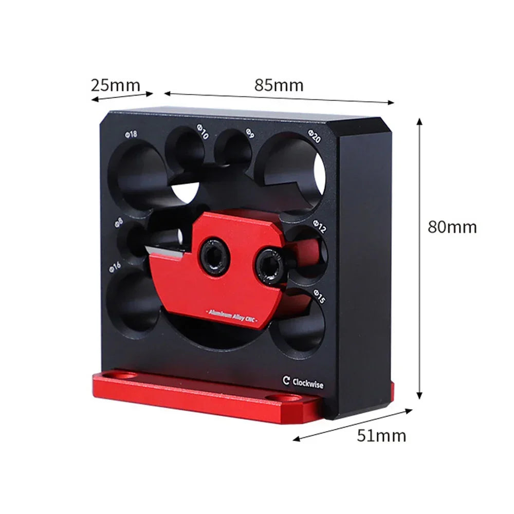 Precision CNC aluminum tool holder with red clamp, ideal for woodworking projects