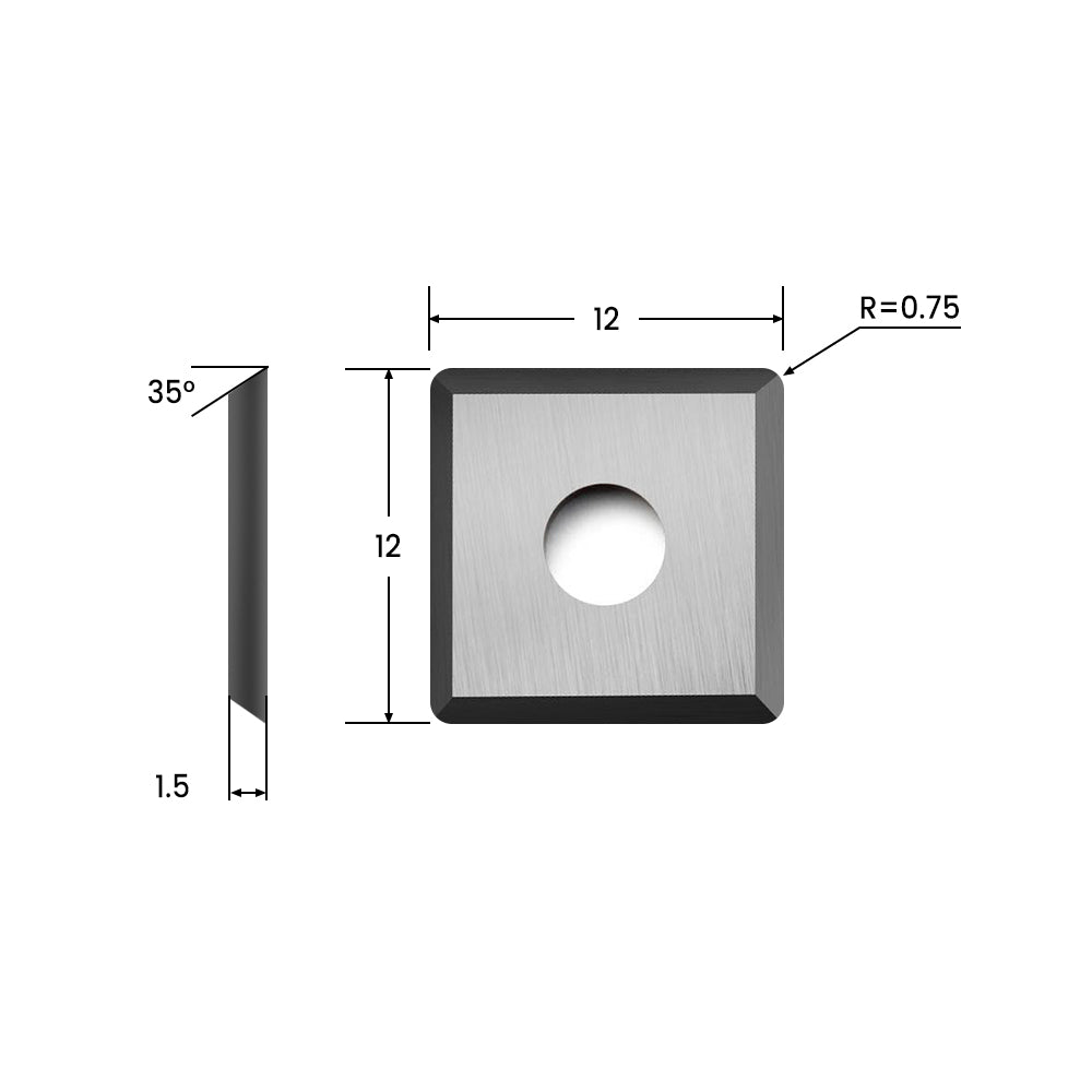 Carbide Insert Knife for Tornado Spoilboard Surfacing Cutter SKU 409.600.12D 12x12x1.5mm-35°-4R0.75, 4-Edge