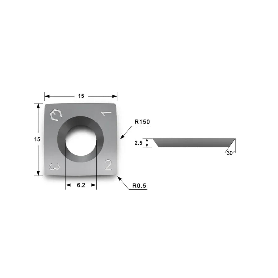 Carbide Insert Knife 15x15x2.5mm-30°-R150-4R0.5 for Helical Cutterhead, 4 Edges - FindBuyTool
