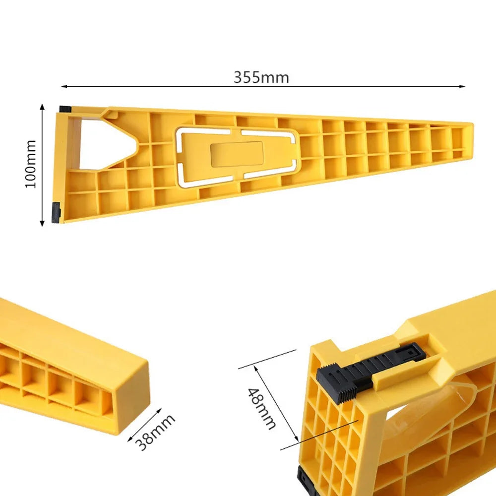 Yellow plastic miter gauge with 355mm length, 100mm height, 48mm width, and 38mm depth for woodworking projects