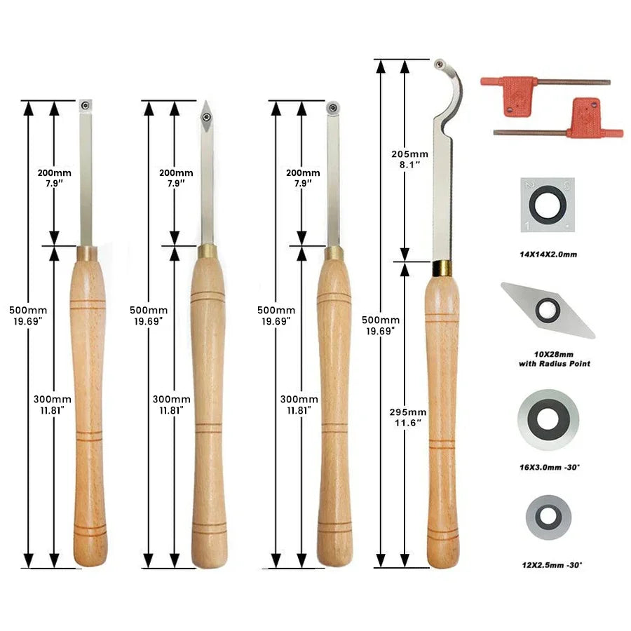 Woodworking carving tools with wooden handles and detailed measurements for precision crafting