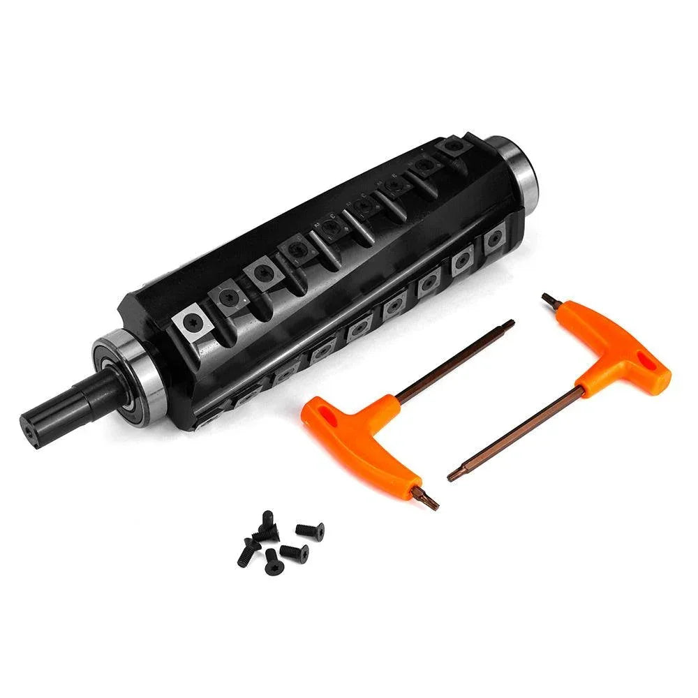 Black woodworking router bit with orange hex keys and screws for precision tool setup
