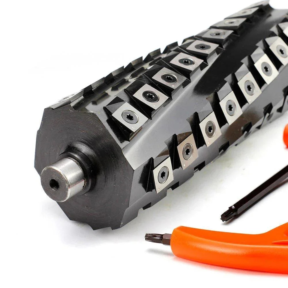 Precision woodworking tool with interchangeable blades and orange-handled screwdriver