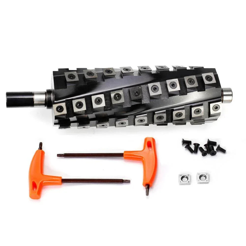 Heavy-duty woodworking router bit with carbide inserts and orange hex keys for precision cutting