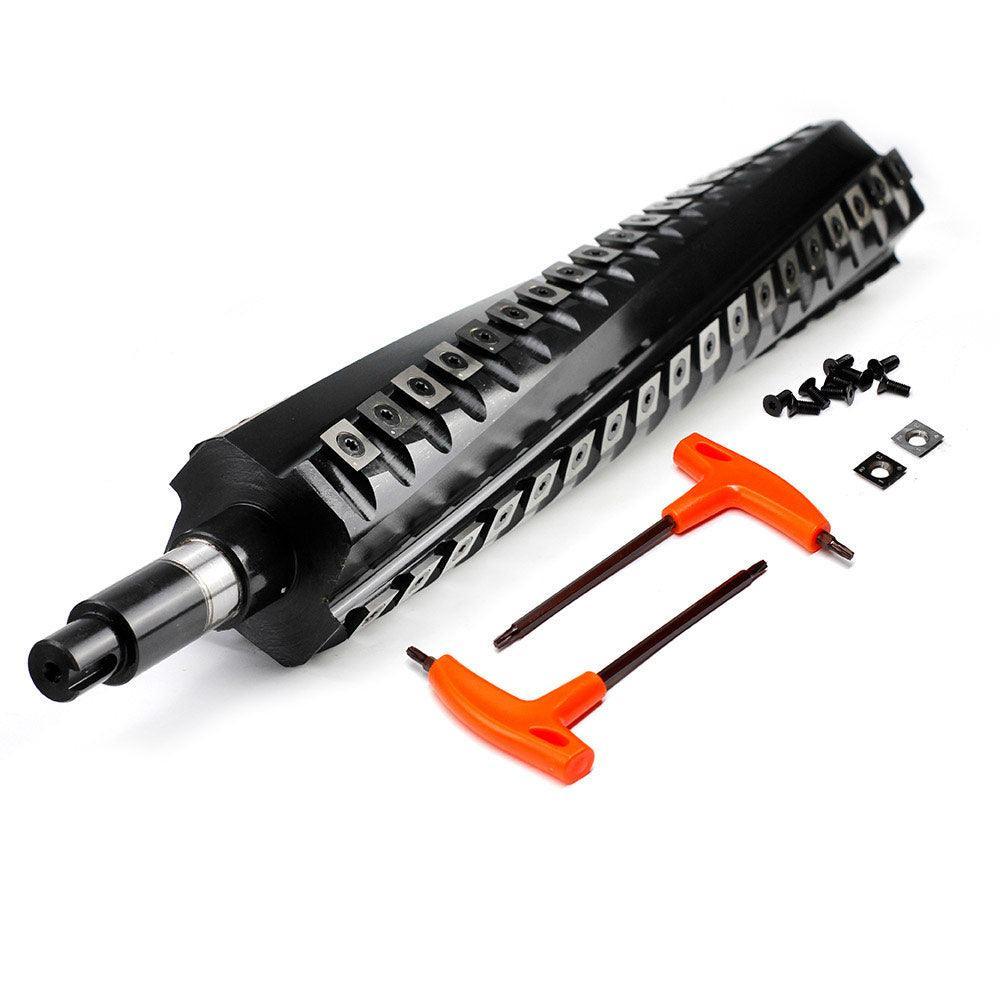 Black woodworking router bit with orange hex keys and screws for precision carving projects