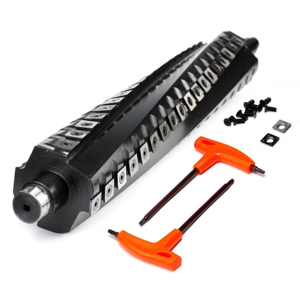 Black woodworking router bit with orange hex keys and screws for precision tool setup