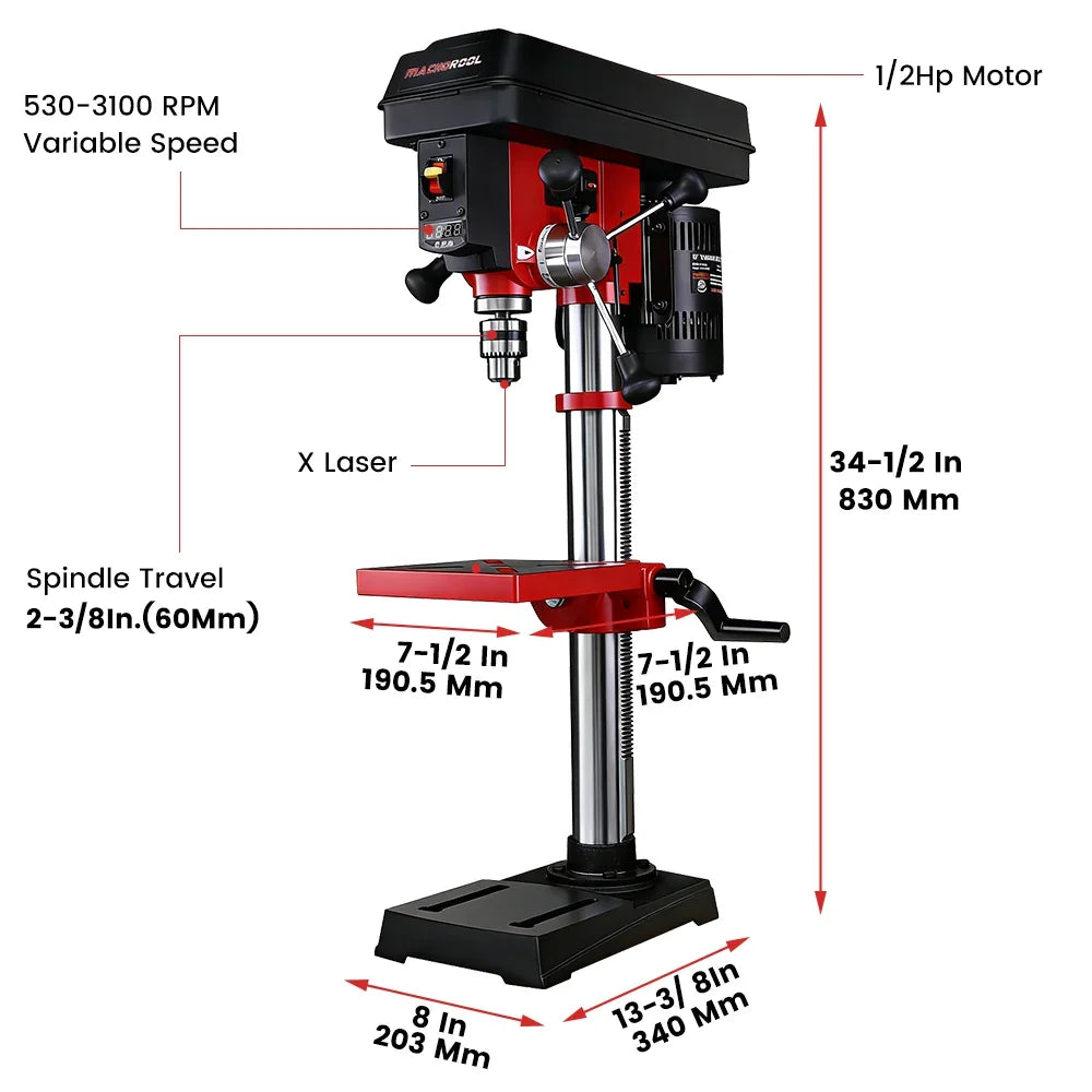 Red and black drill press with variable speed, X laser, and detailed dimensions for woodworking projects.