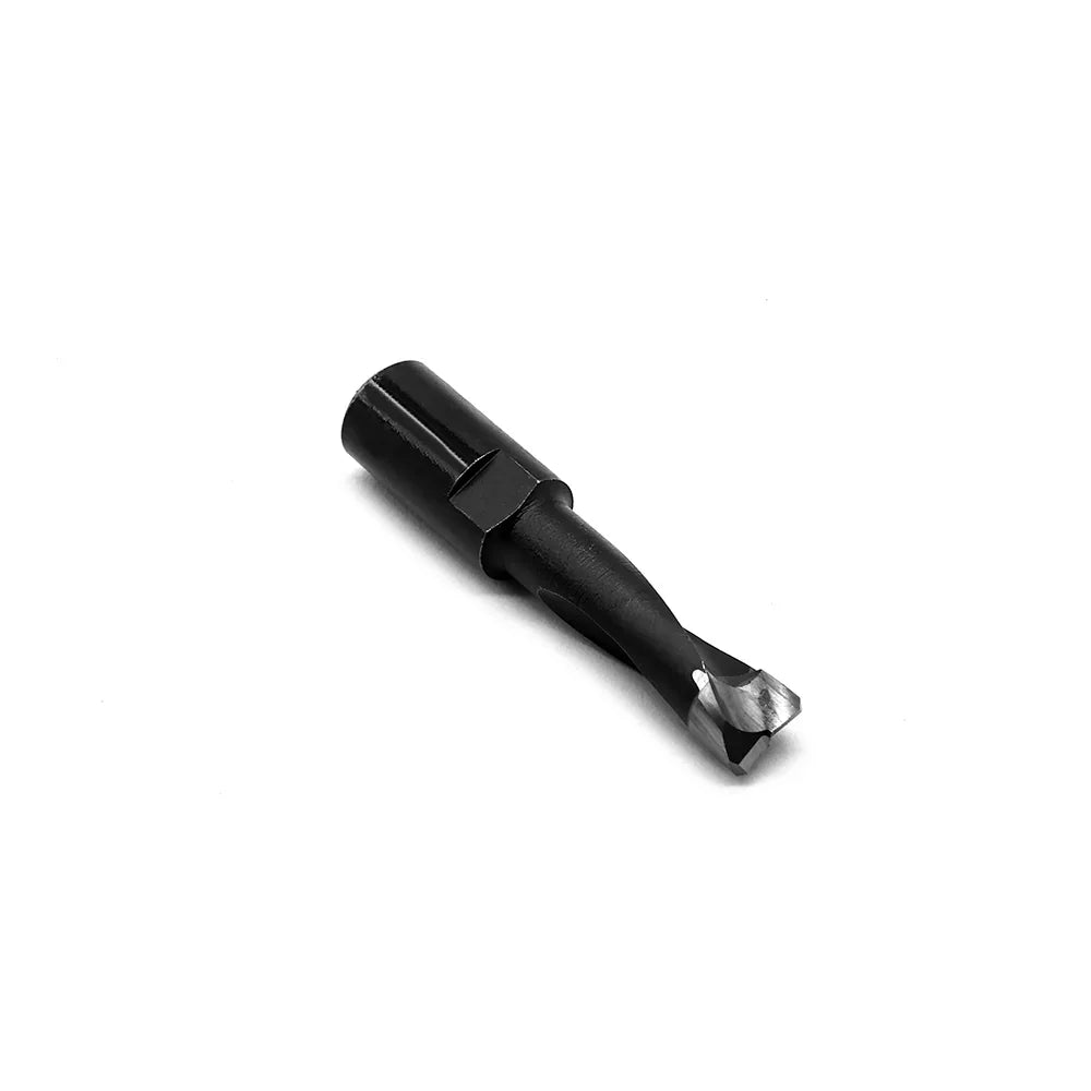 Black woodworking drill bit with sharp metallic tip for precise drilling tasks