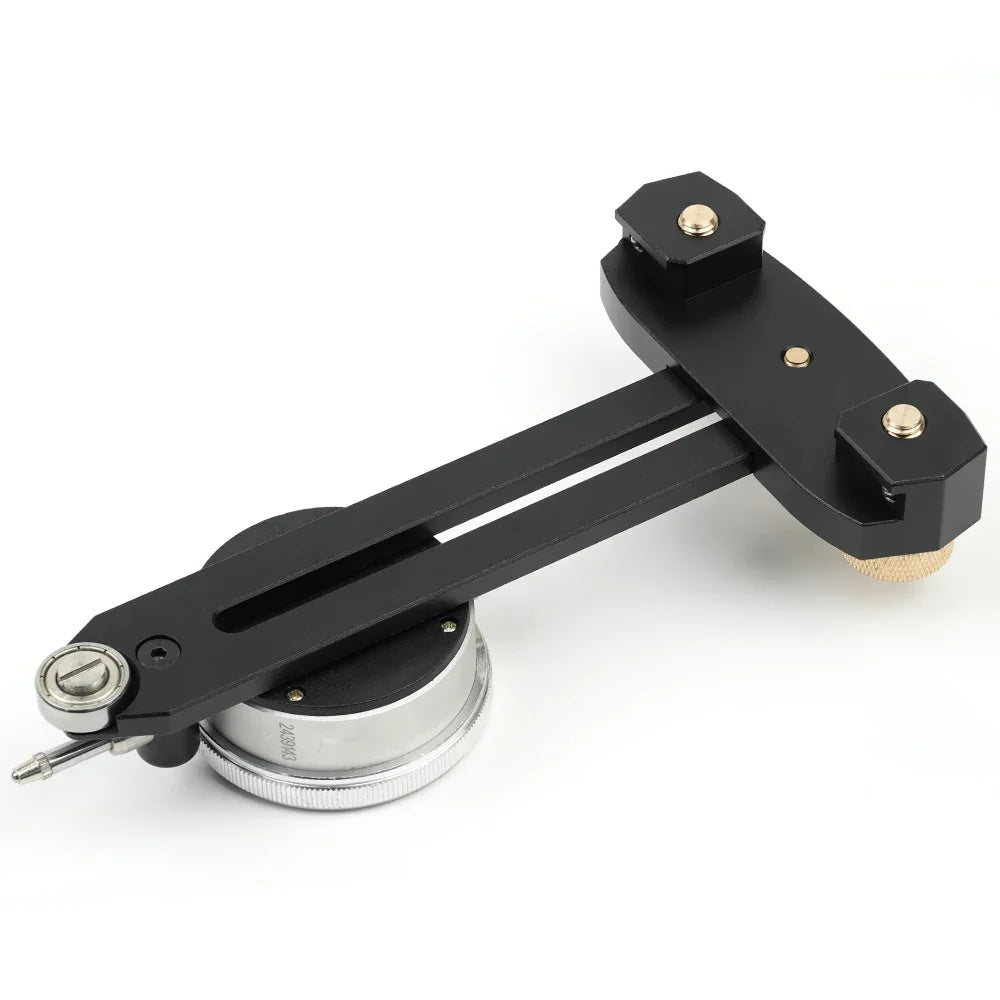 Precision woodworking tool with adjustable black arm and metallic base for accurate measurements