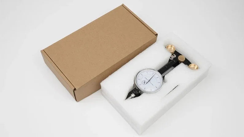 Precision dial indicator tool in foam packaging with cardboard box for woodworking projects
