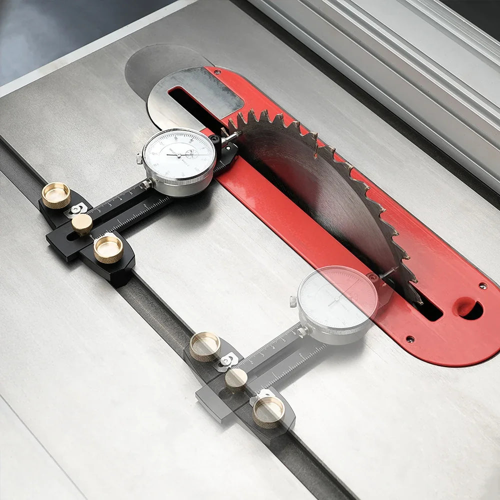 Precision table saw with dial indicator for accurate woodworking cuts