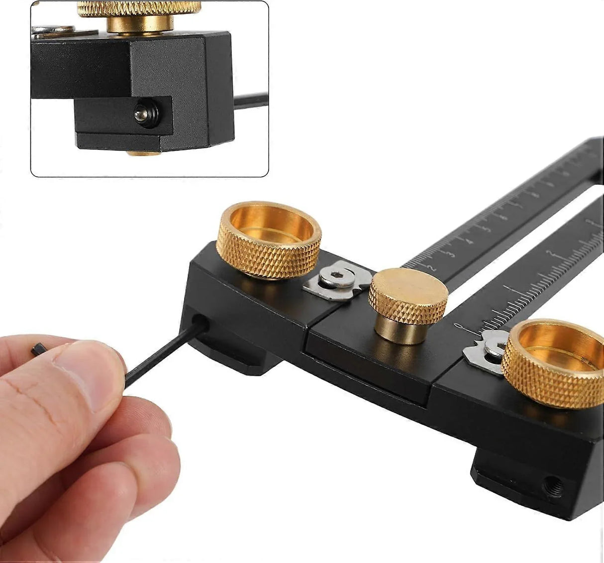 Precision woodworking tool with gold knobs and measurement scale for accurate cuts