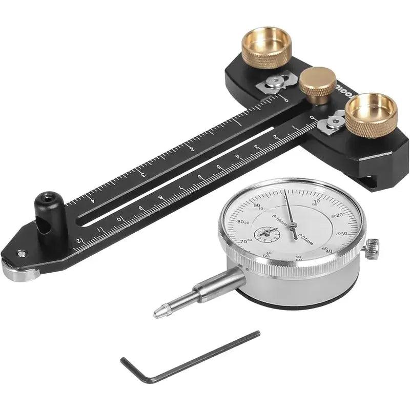 Precision dial indicator with ruler and adjustment tools for woodworking measurements