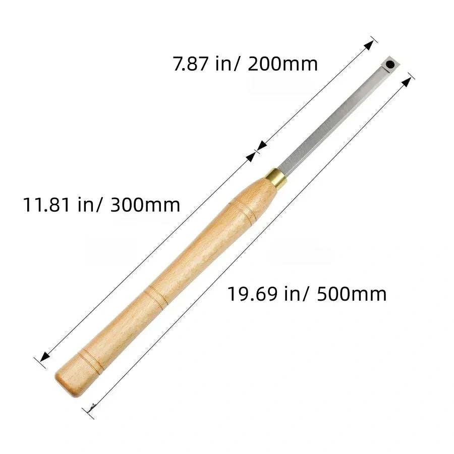 Woodworking chisel with wooden handle, 19.69 in length, precise measurements for crafting projects
