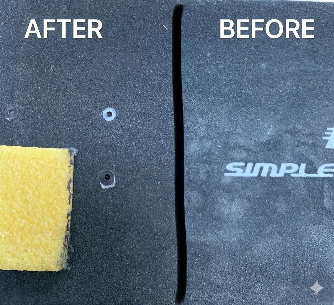 Before and after cleaning comparison with yellow sponge on dark surface