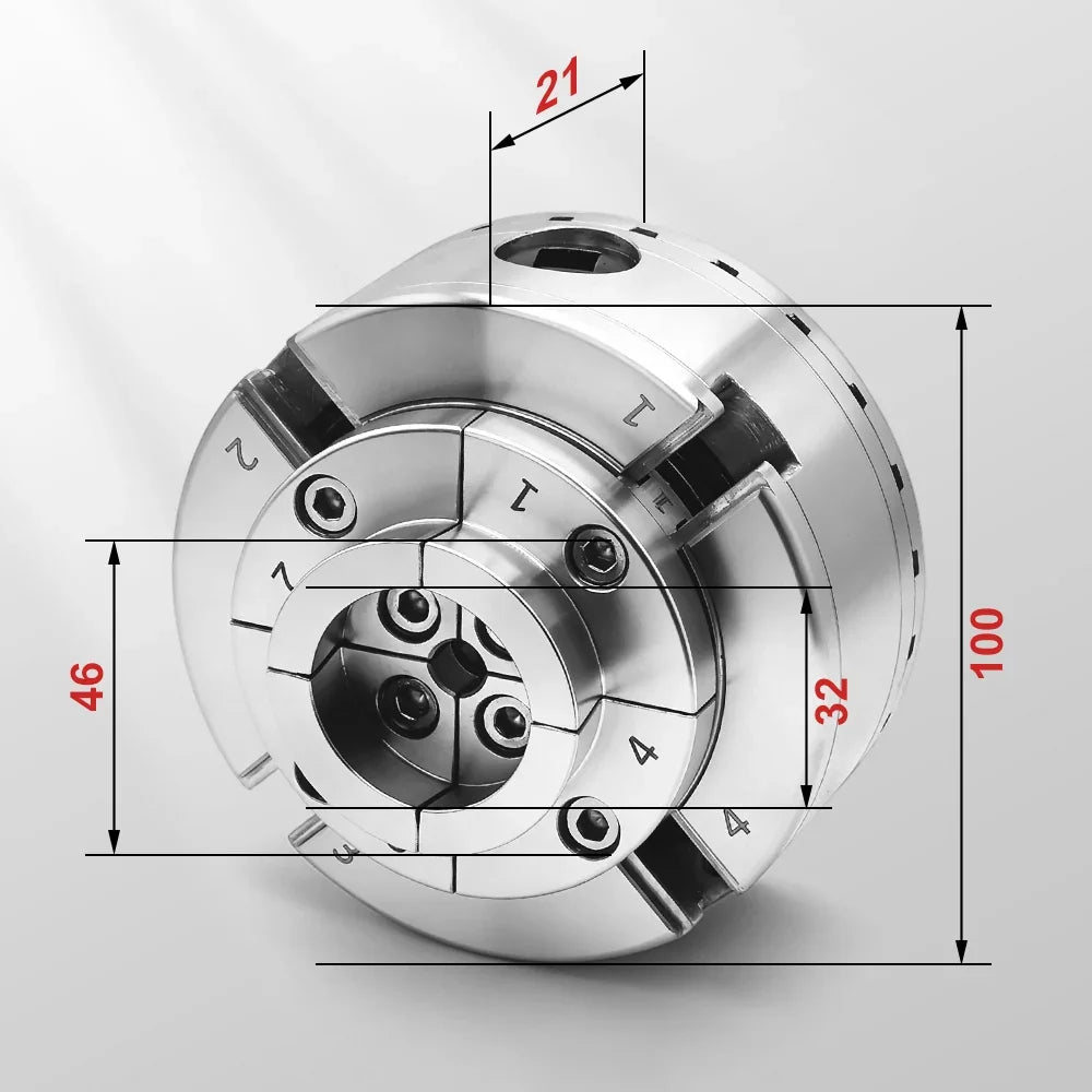 Precision metal lathe chuck with detailed dimensions for woodworking tools