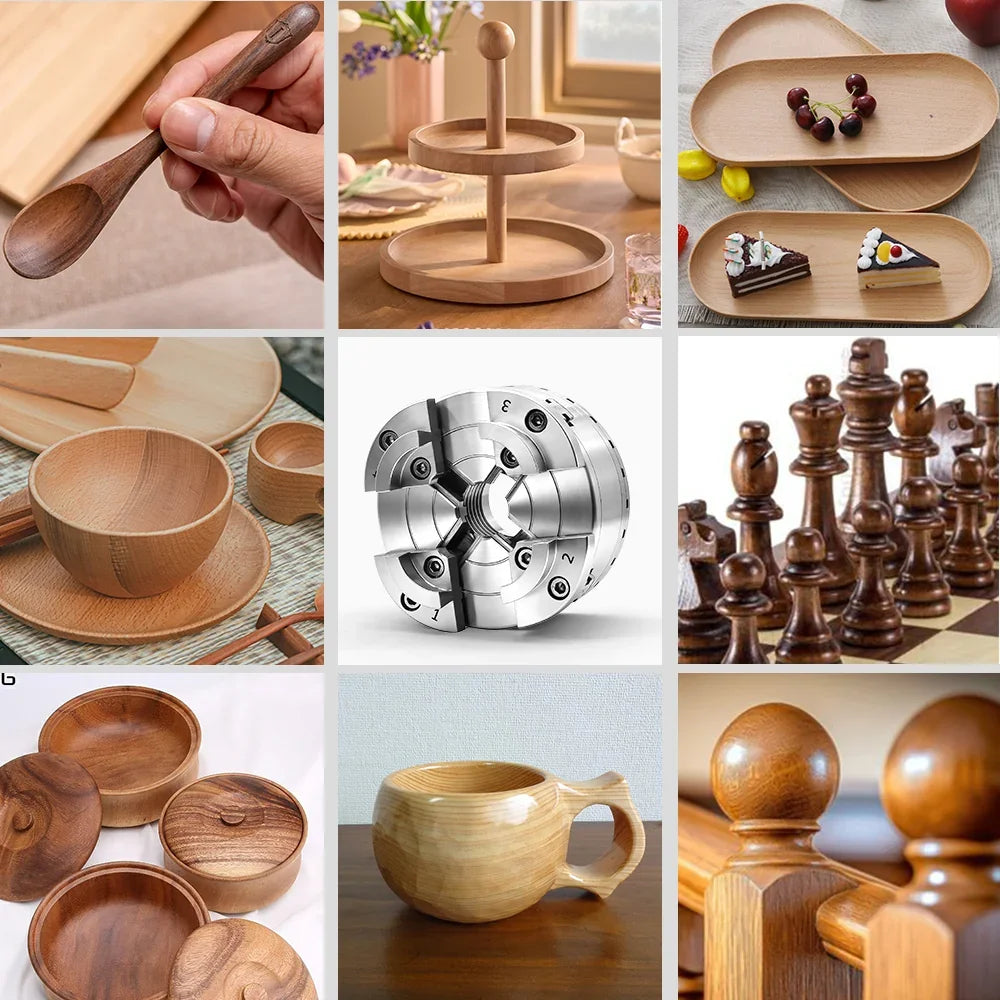 Wooden kitchenware, chess set, and metal tool collage for woodworking projects