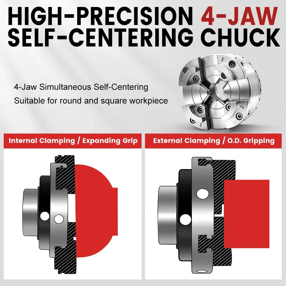 High-precision 4-jaw self-centering chuck for round and square workpieces, internal and external clamping