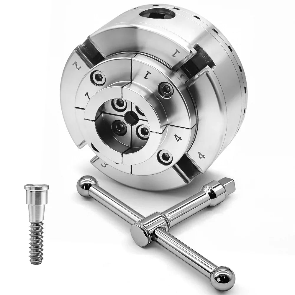 Precision 4-jaw chuck with locking screws and wrench for woodworking tools