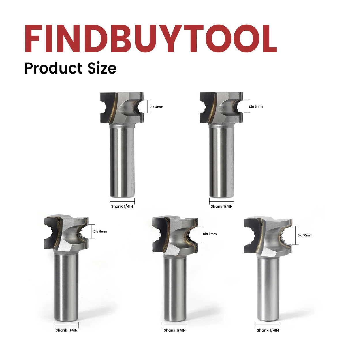Set of 5 woodworking router bits with 1/4 inch shank, diameters 4mm to 10mm for precise carving