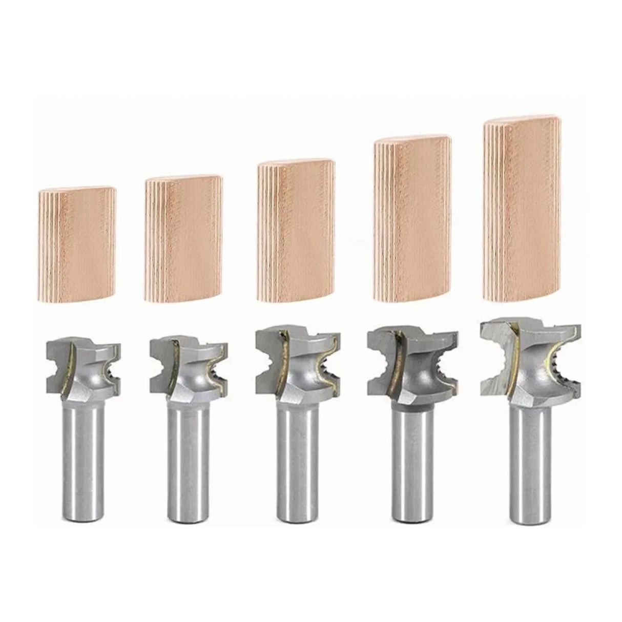Set of 5 woodworking router bits with sample cuts for precise carpentry projects