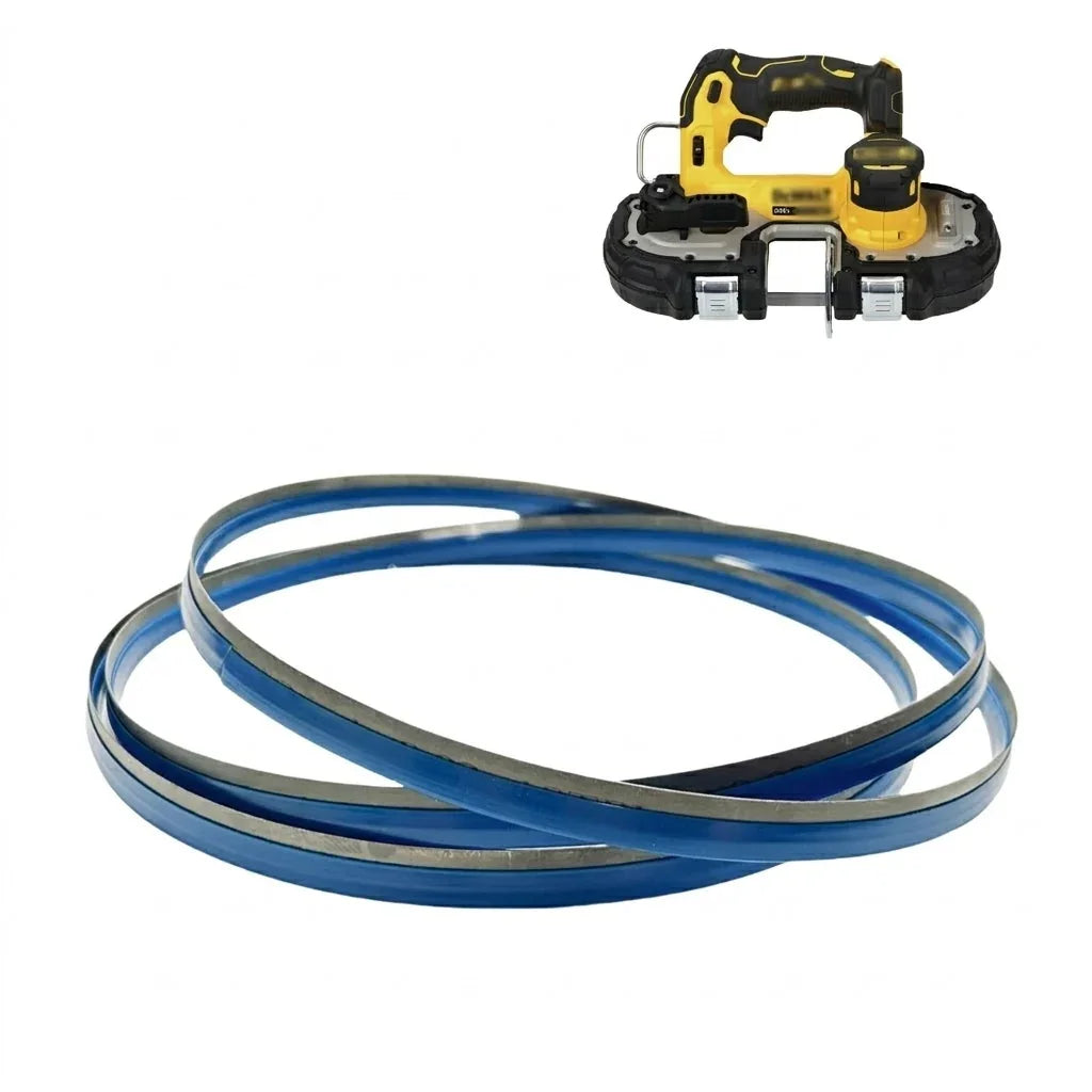 Blue band saw blades with yellow and black cordless power tool for woodworking projects