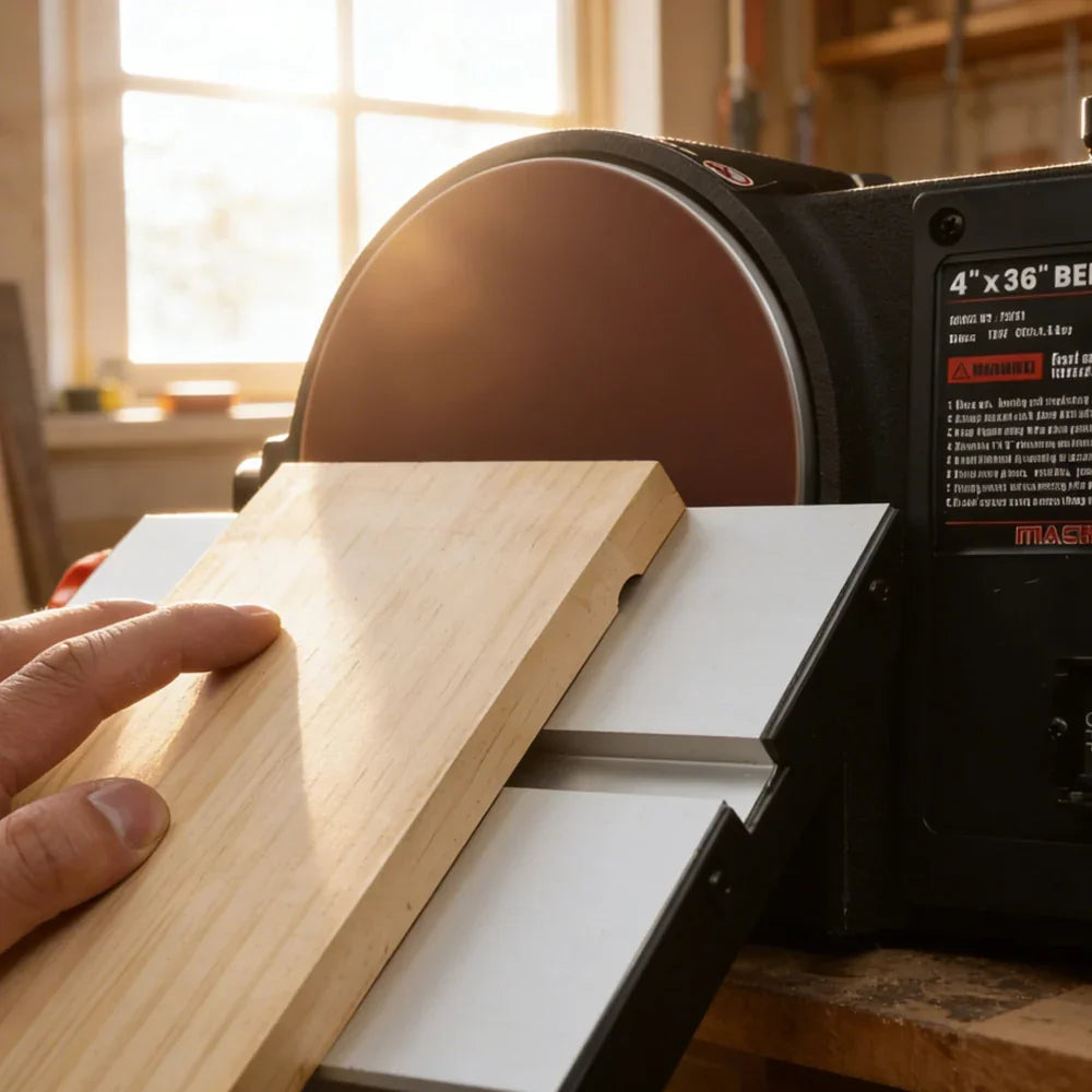 Hand guiding wood through 4x36 belt sander for precise woodworking projects