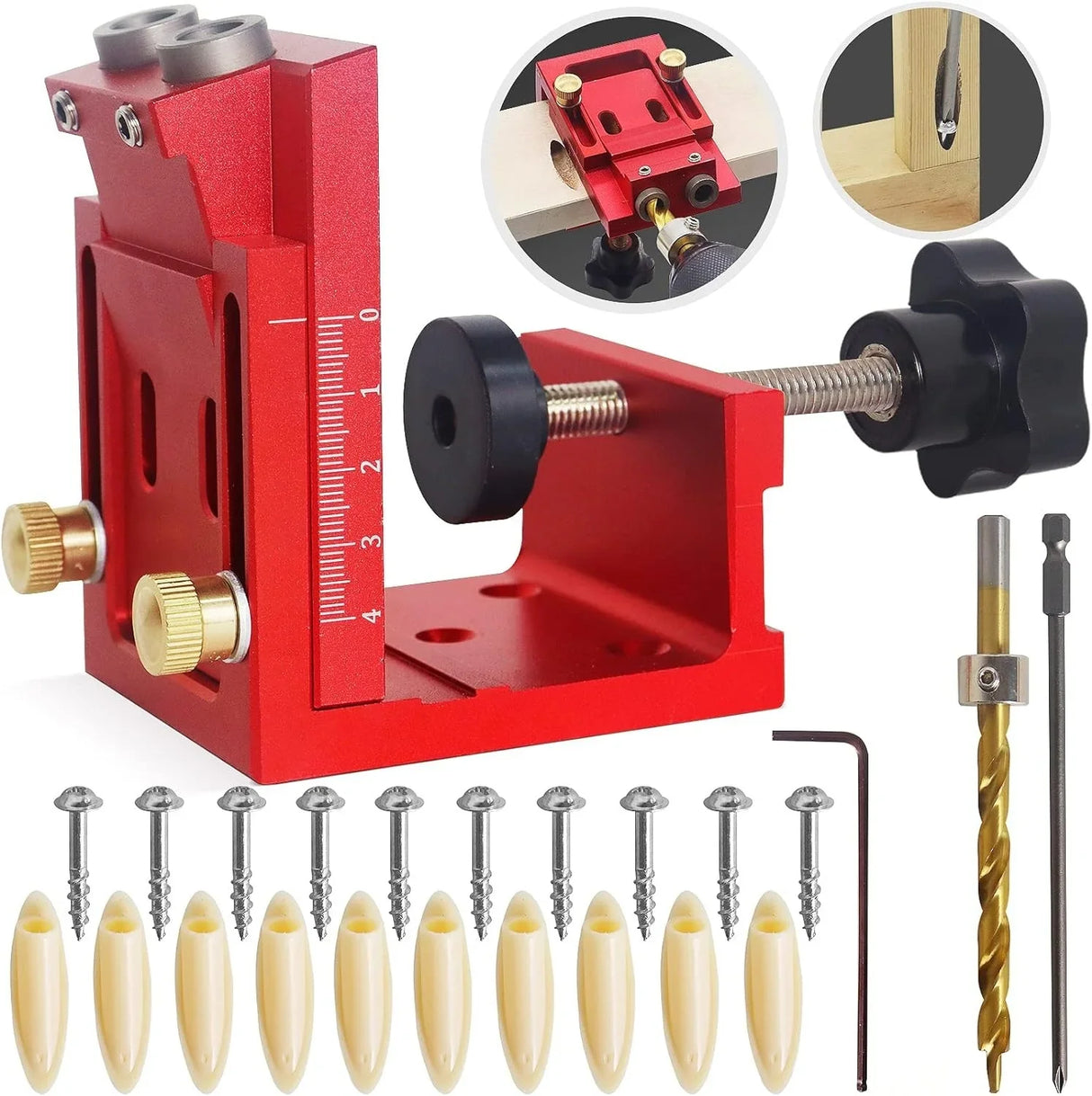 Red woodworking dowel jig with drill bits, screws, and plastic dowels for precise joinery projects