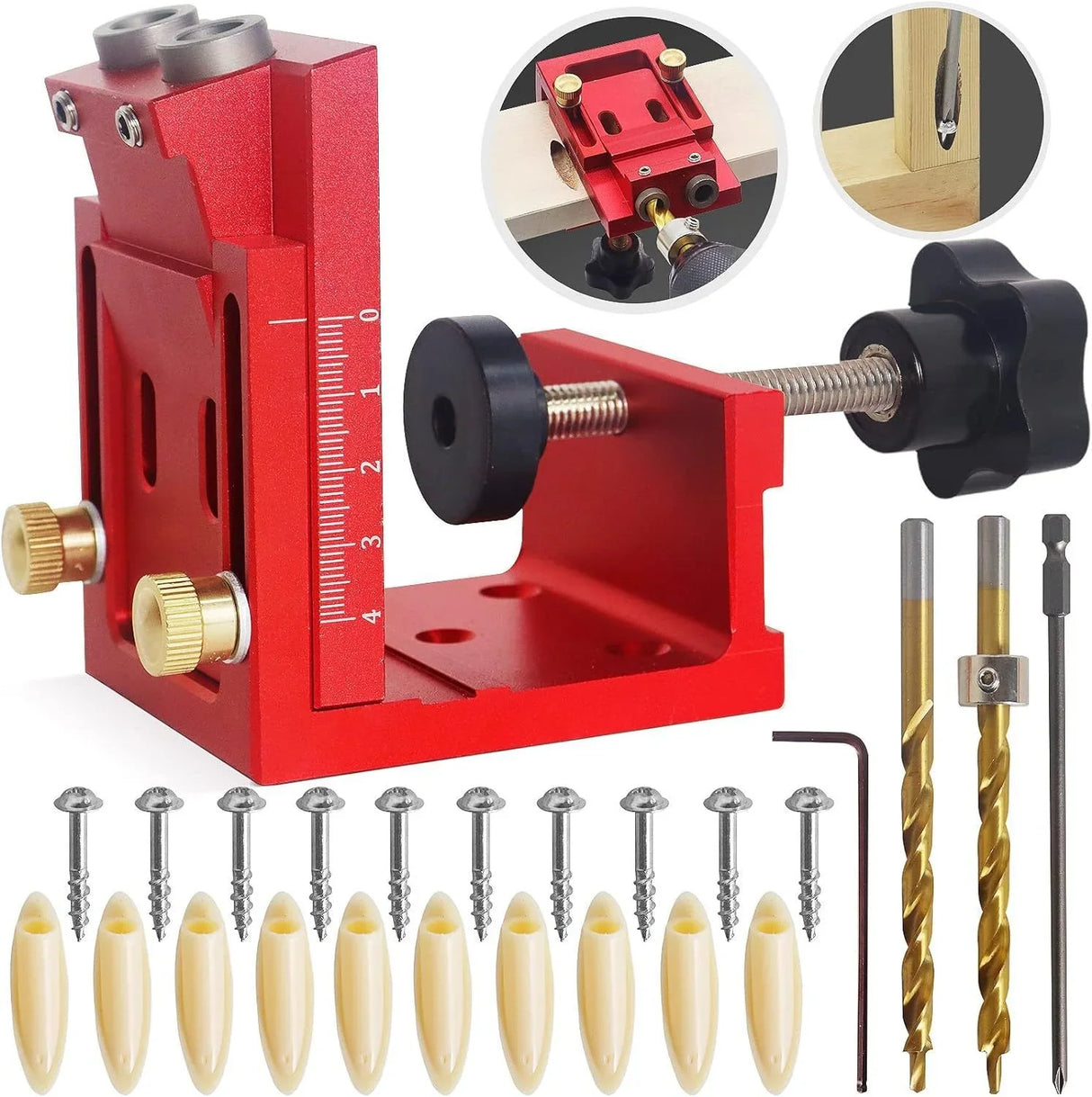 Red woodworking dowel jig with drill bits, screws, and plastic dowels for precise joinery projects.