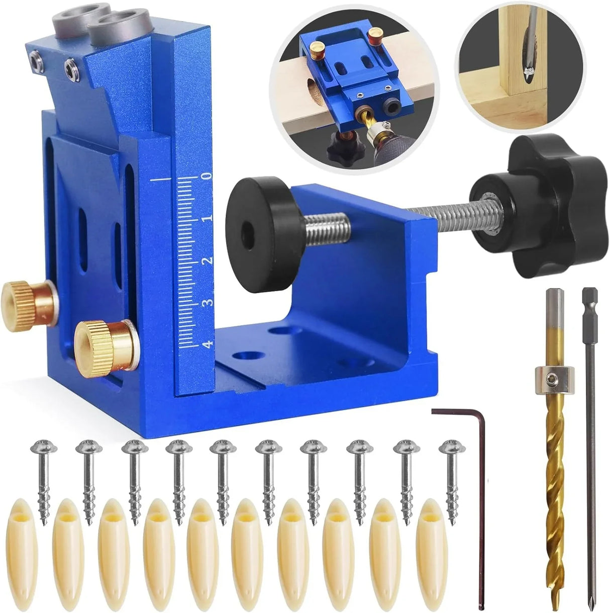 Blue woodworking dowel jig with drill bits, screws, and plastic dowels for precise joinery projects