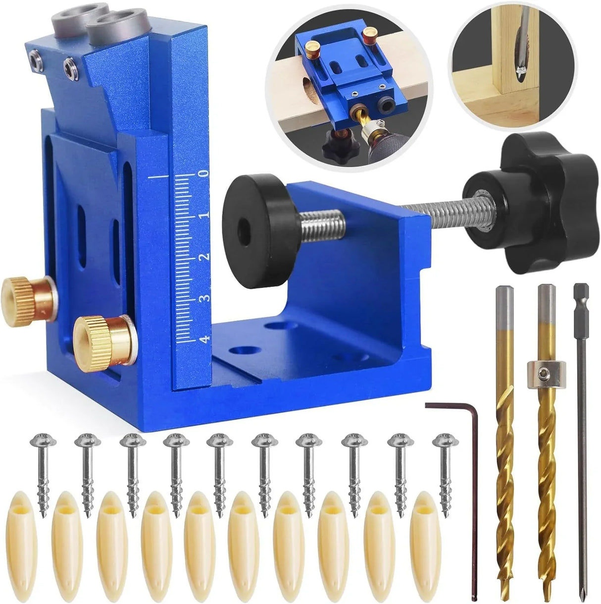 Blue woodworking dowel jig with drill bits, screws, and plastic dowels for precise joinery projects