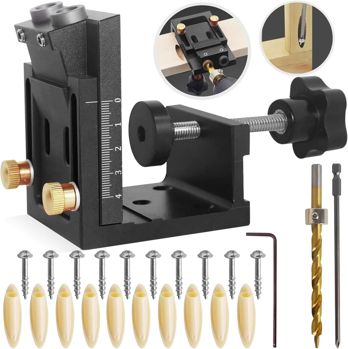Precision woodworking dowel jig with drill bits, screws, and alignment tools for accurate joinery projects