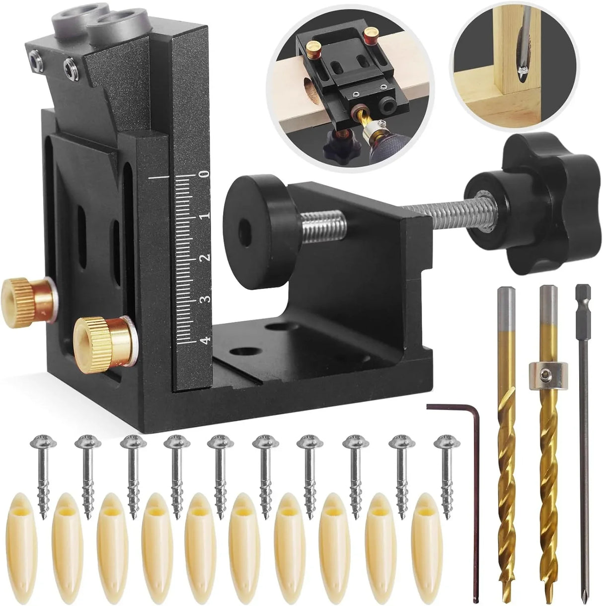 Precision woodworking dowel jig with drill bits, screws, and alignment tools for accurate joinery projects