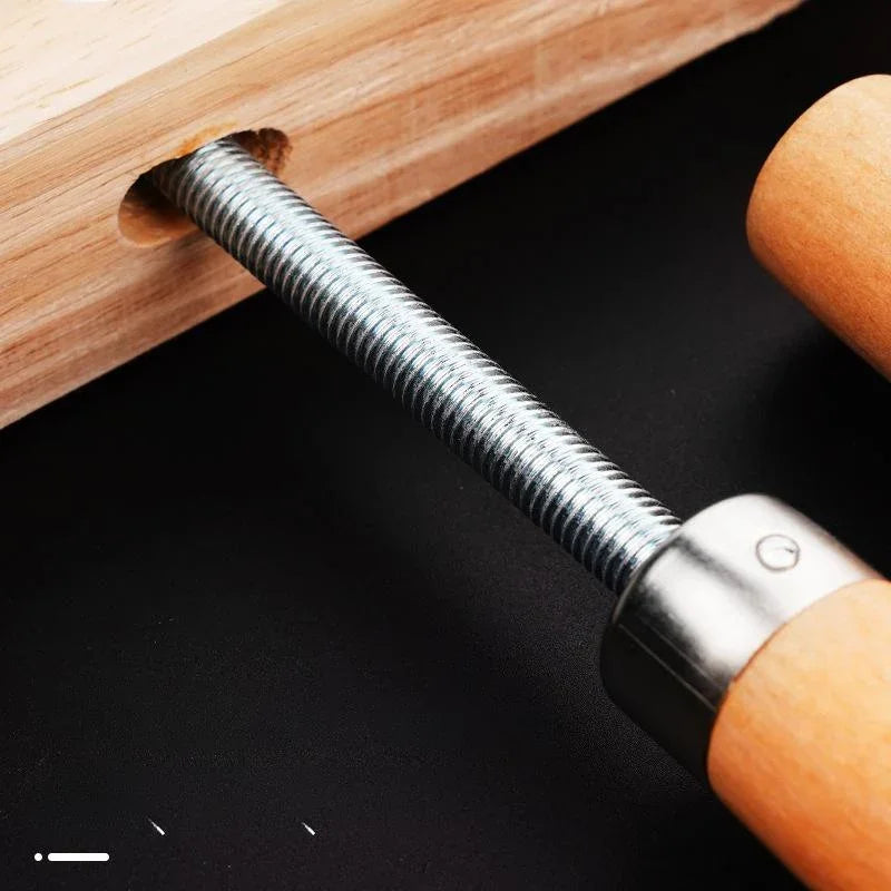 Woodworking tool with threaded metal rod and wooden handle for precise carpentry projects