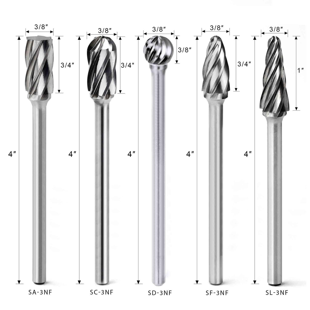 Carbide Burrs Set ALUMIN Range 4-1/3 Inch Long 1/4 Shank, 5Pcs - FindBuyTool