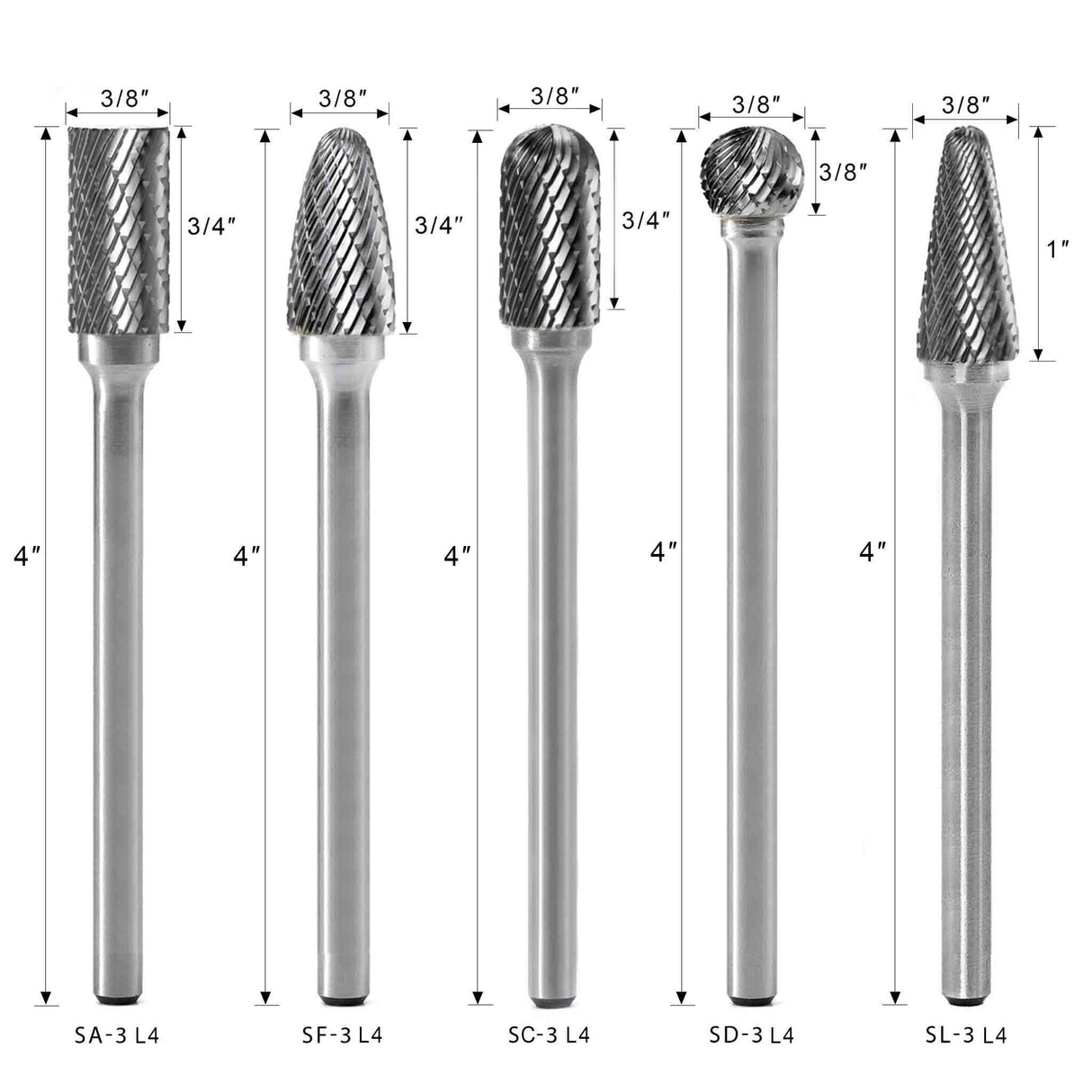 Carbide Burrs Set OMNI Range 4-1/3 Inch Long 1/4 Shank, 5Pcs - FindBuyTool