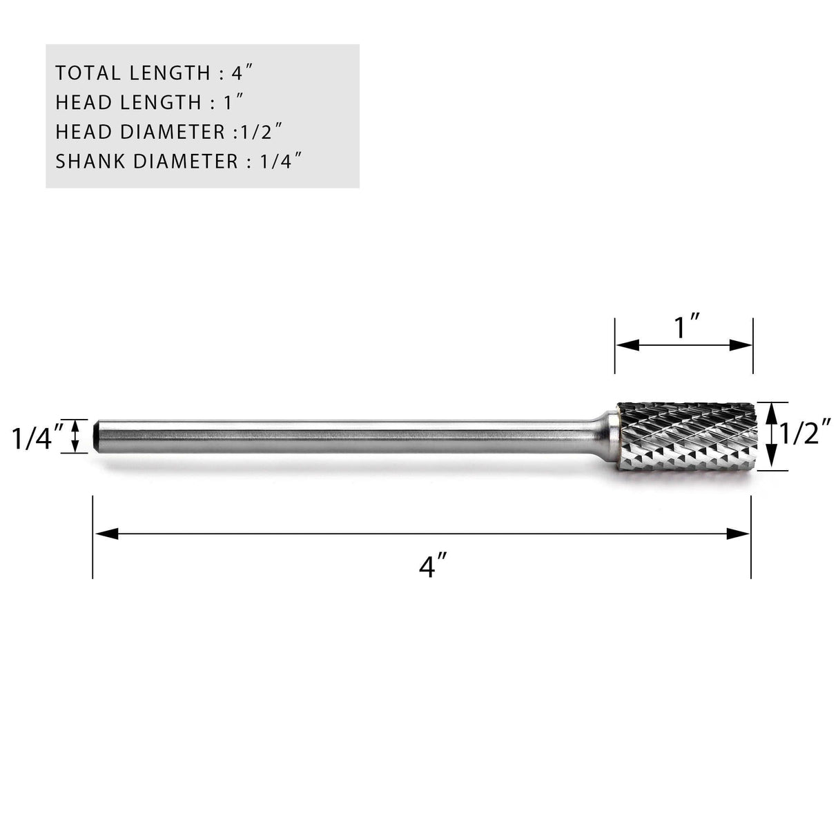 Carbide Burr SA-5L4 Cylinderical Plan End OMNI Range Head D 1/2 x 1L ,1/4 Shank, 4 Inch Full Length - FindBuyTool