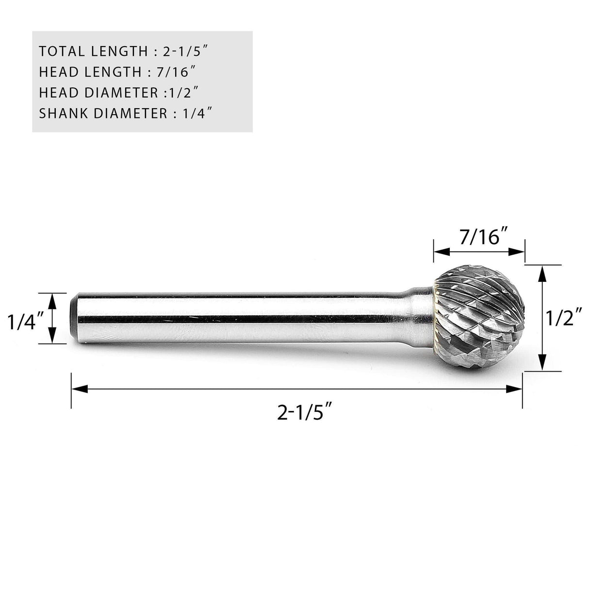 Carbide Burr SD-5 Ball Shape OMNI Range Head D 1/2 x 7/16L ,1/4 Shank, 2-1/5 Inch Full Length - FindBuyTool
