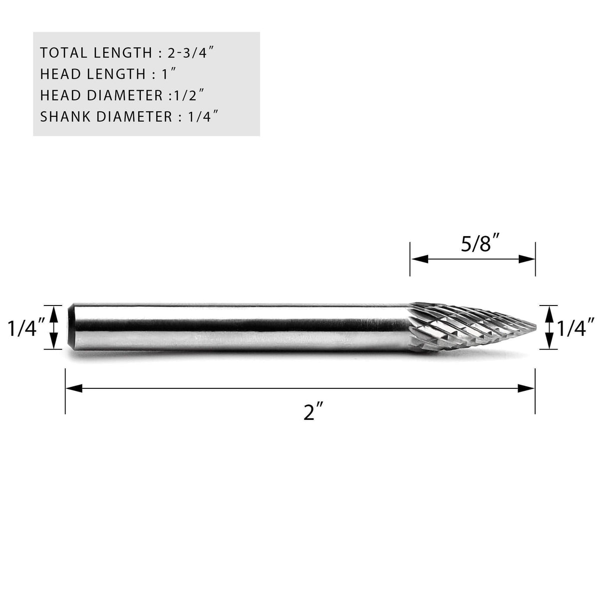 Carbide Burr SG-1 Point Tree Shape OMNI Range Head D 1/4 x 5/8L ,1/4 Shank, 2 Inch Full Length - FindBuyTool