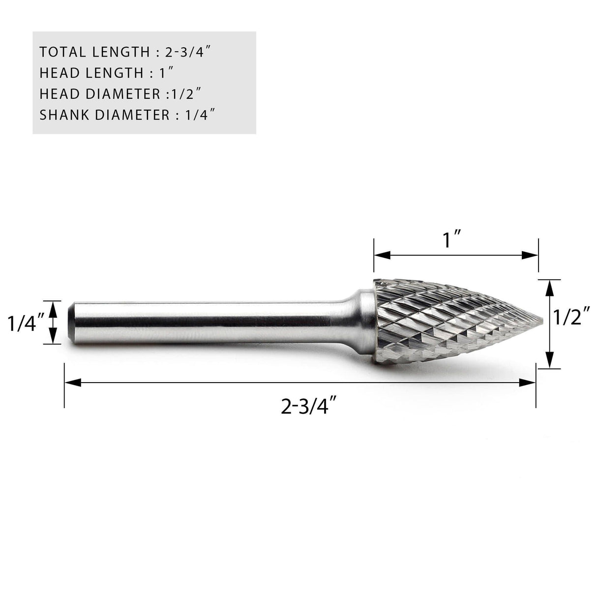 Carbide Burr SG-5 Point Tree Shape OMNI Range Head D 1/2 x 1L ,1/4 Shank, 2-3/4 Inch Full Length - FindBuyTool