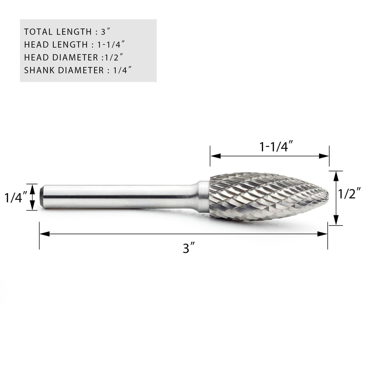 Carbide Burr SH-5 Flame Shape OMNI Range Head D 1/2 x 1-1/4L ,1/4 Shank, 3 Inch Full Length - FindBuyTool