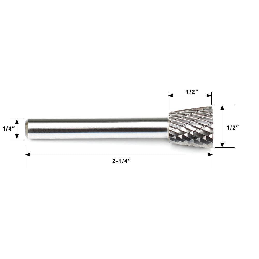Carbide Burr SN-4 Inverted Cone OMNI Range Head D 1/2 x 1/2L, 1/4 Shank, 2-1/4 Inch Full Length - FindBuyTool