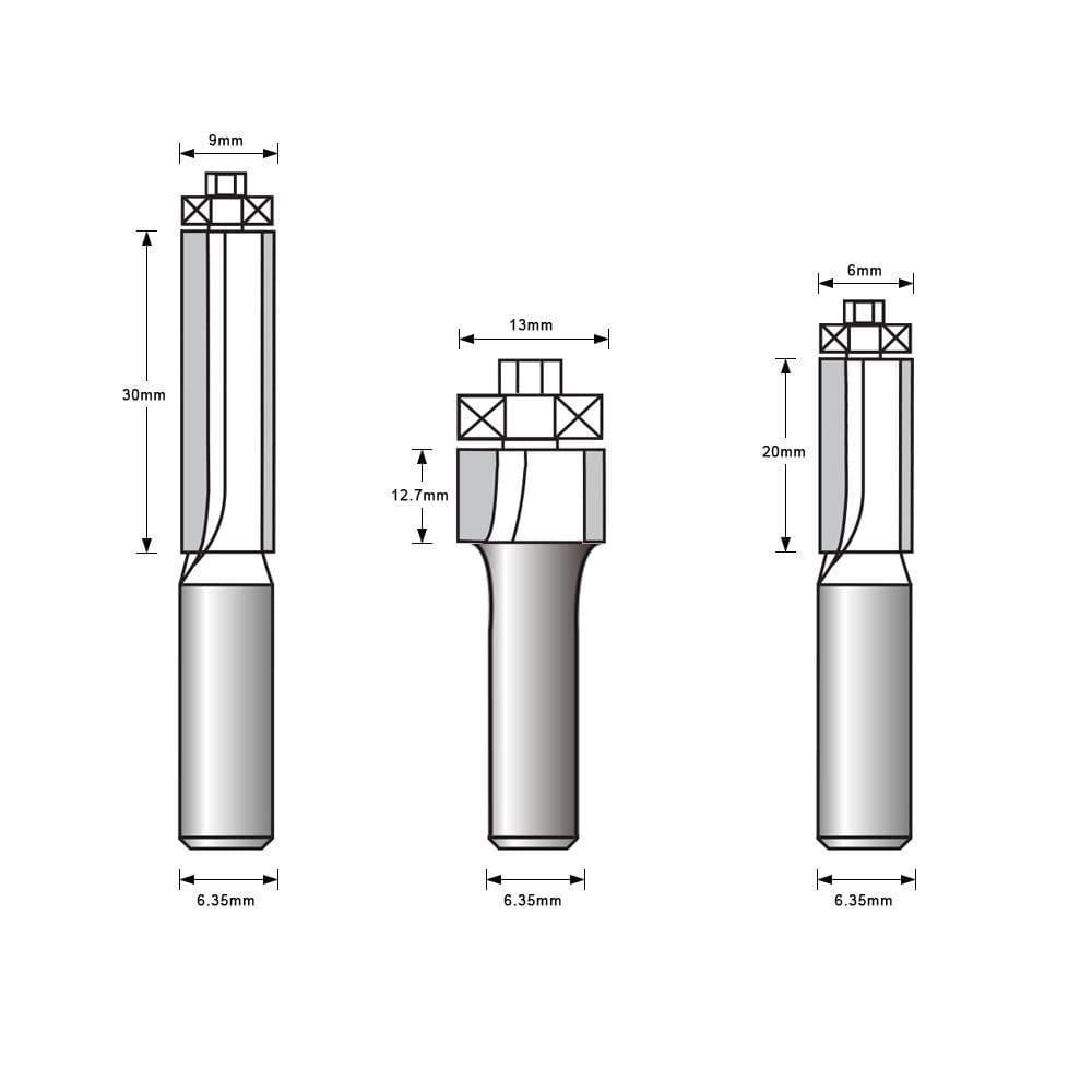 Flush Trim Router Bit Set, 3 Pieces, 1/4 Inch Shank - FindBuyTool