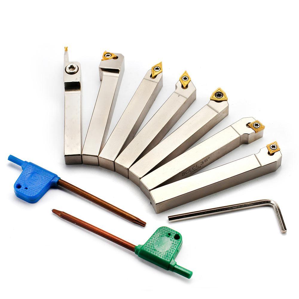 Indexable Lathe Tool Set for Turning, Parting, Grooving& Threading, 3/8Inch Shank, 7Pcs - FindBuyTool